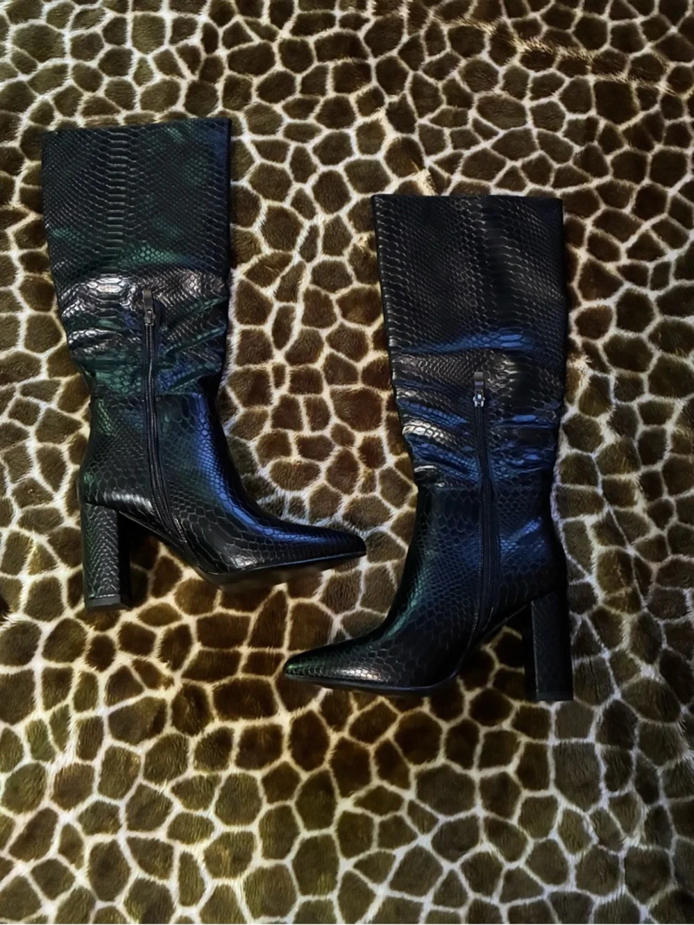 Women’s Black Snake-Embossed Block Heel Mid-Calf Boots - Picture 2 of 8
